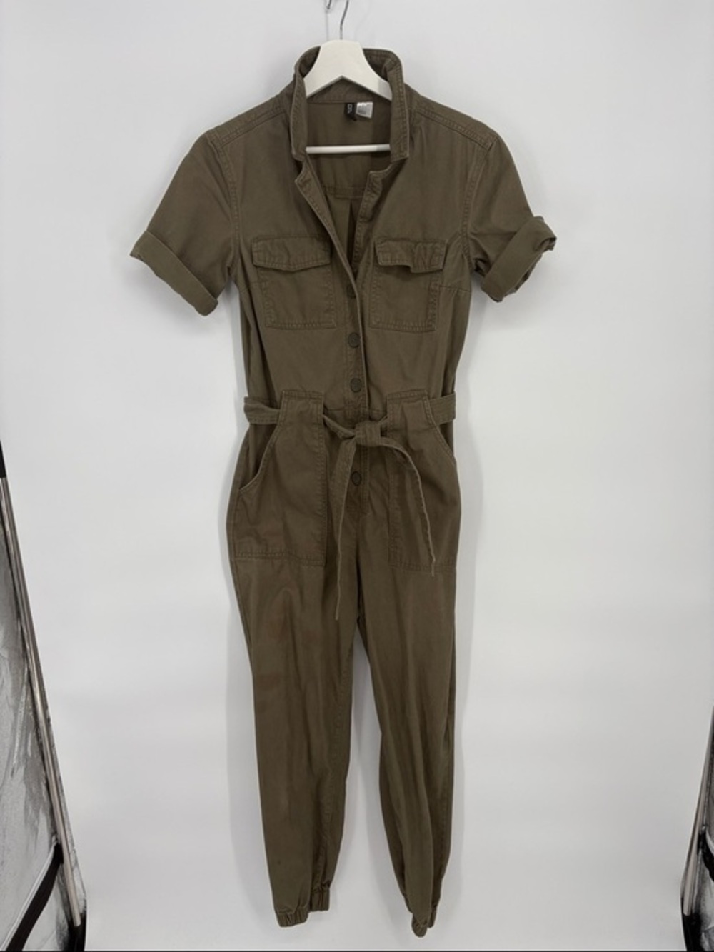 🐸 Divided cotton Olive Utility Tie-Waist Short-Sleeve Jumpsuit